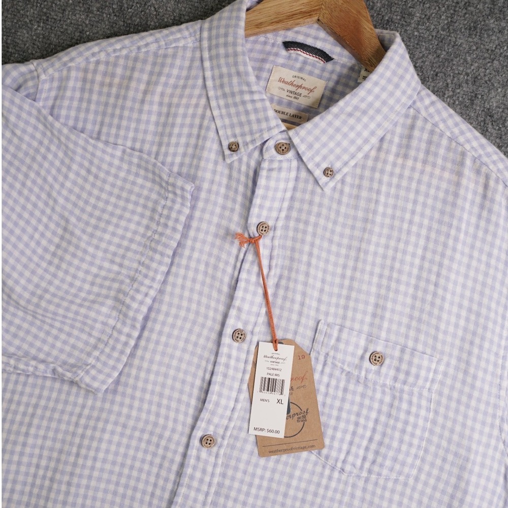 Weatherproof‎ Vintage Mens XL Short Sleeve Gingham Shirt Pale Iris Double Layer